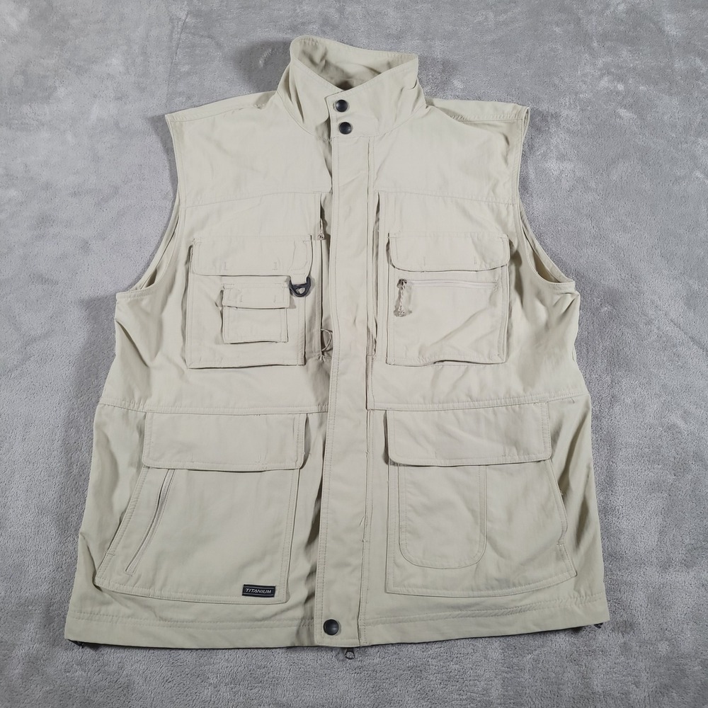 Columbia Vest Men XL Beige Titanium Utility Cargo Hiking Fishing Outdoor Pockets